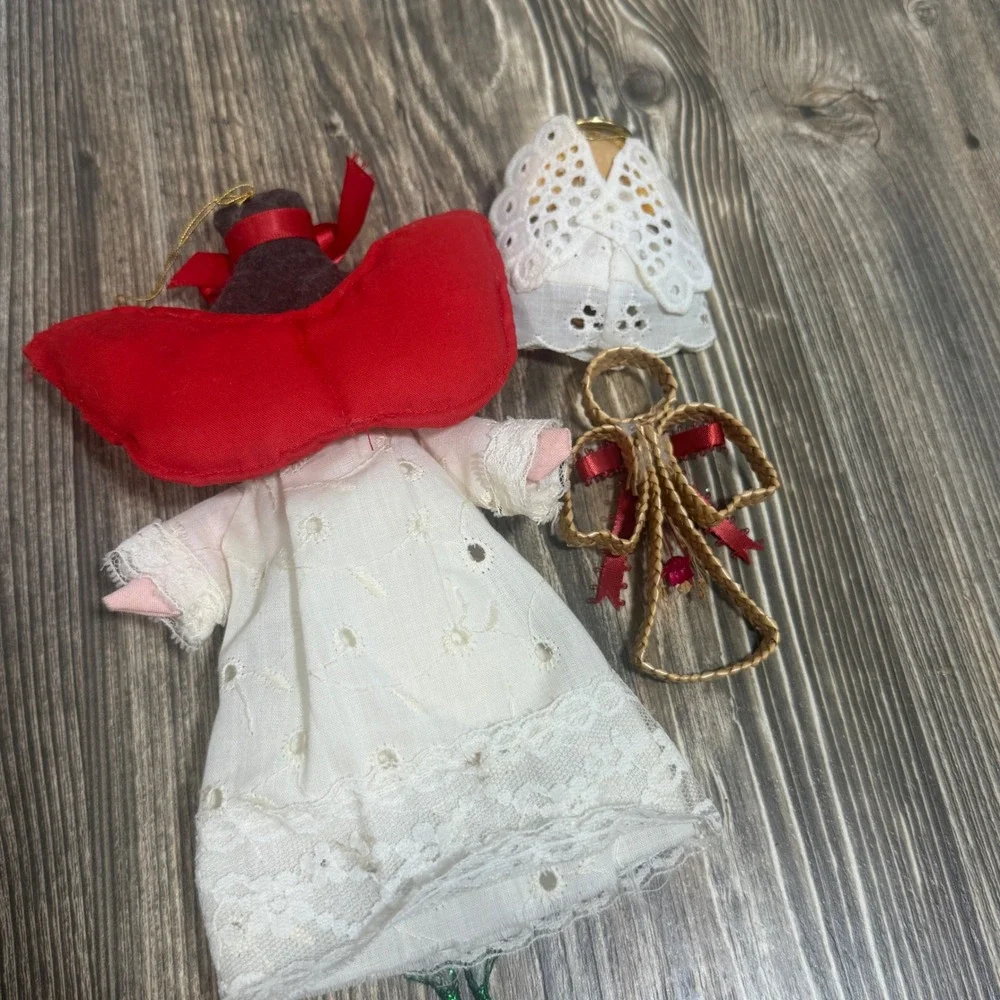 Vintage Angel Ornament Set 3pc Fabric Lace Woven Straw Christmas Folk Art Decor